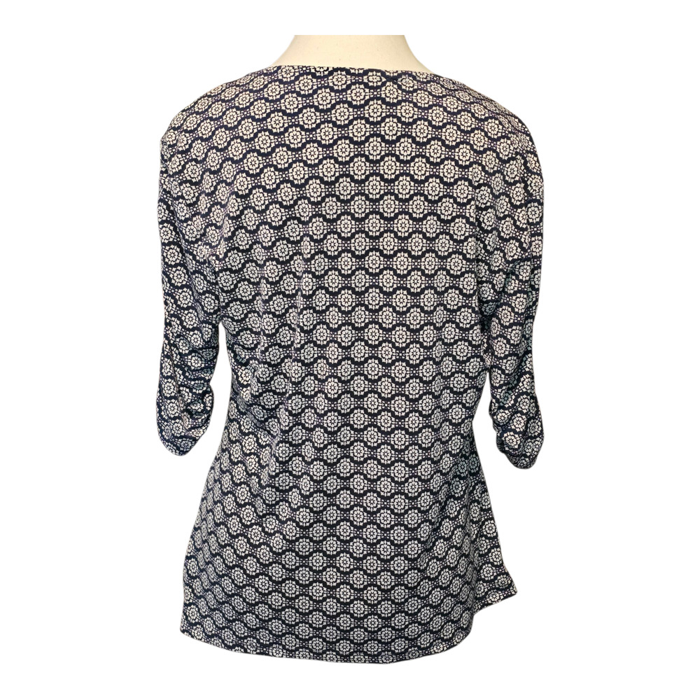 Grayson Top Womens LP Navy White Geometric Print 3/4 Sleeve Ruched 3/4 Sleeve - Picture 3 of 12